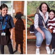Poppy in her NHS receptionist outfit and, right, with mum Sharon Taylor