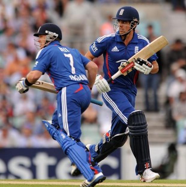 Congleton Guardian: Ian Bell, left and Alastair Cook, right, reached 74 without loss after 15 overs in the first ODI Congleton Guardian: Ian Bell, left and Alastair Cook, right, reached 74 without loss after 15 overs in the first ODI