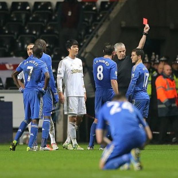 Eden Hazard was sent off against Swansea, who will play Bradford in the final at Wembley
