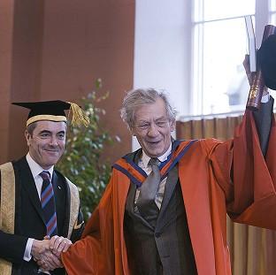 Sir Ian McKellen, who delivered the Chancellor's Lecture at the University of Ulster, and actor James Nesbitt (University of Ulster/PA)