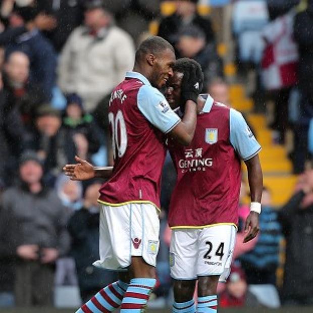 Congleton Guardian: Christian Benteke, left, celebrates scoring Aston Villa's first goal of the game against West Ham Congleton Guardian: Christian Benteke, left, celebrates scoring Aston Villa's first goal of the game against West Ham