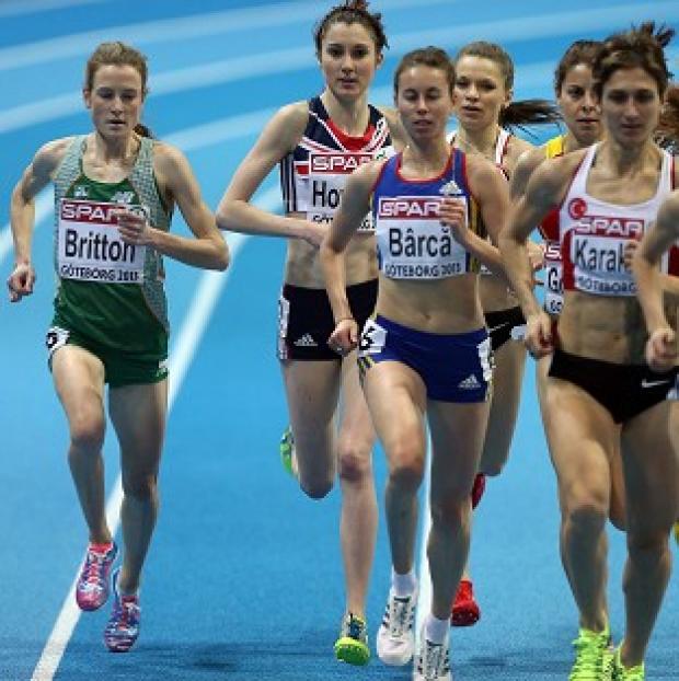 Fionnuala Britton, left, and Lauren Howarth, second left, compete in the women's 3000 metres in Gothenburg
