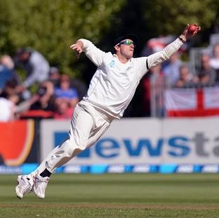 New Zealand's Hamish Rutherford catches the ball during Day Two of the First Test at the University Oval, Dunedin