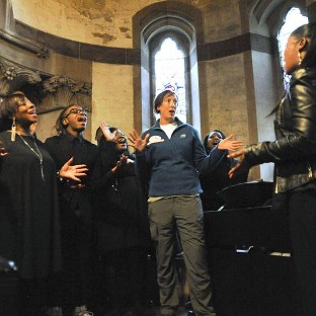 Miranda Hart, practices with the London Community Gospel Choir in Soho as she plans a wedding for Comic Relief