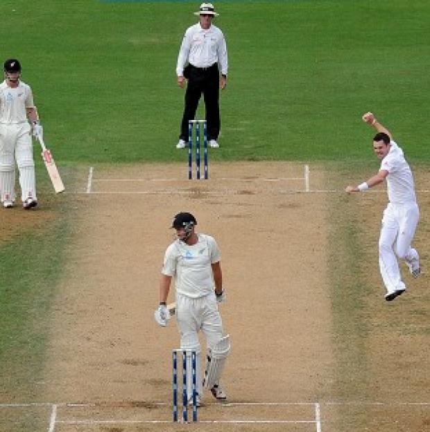 James Anderson, right, celebrates taking the wicket of New Zealand's Peter Fulton
