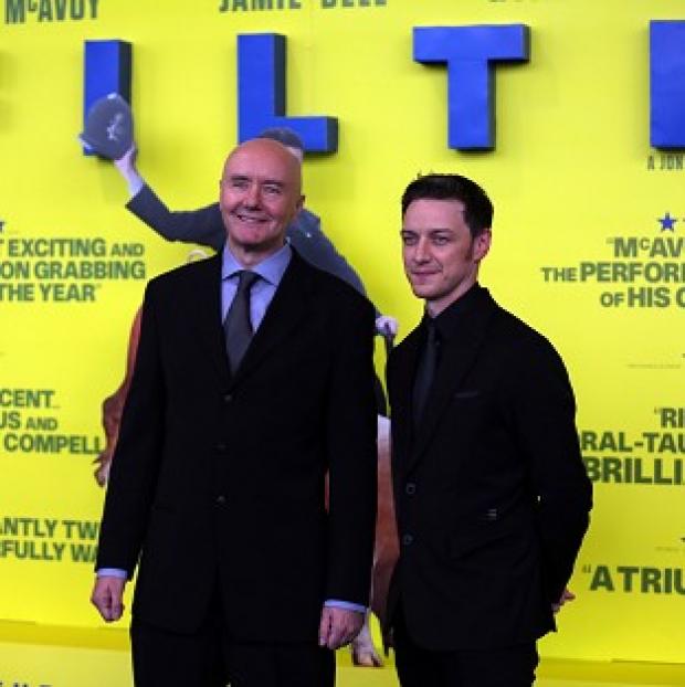 Author Irvine Welsh and actor James McAvoy attend the Glasgow premiere of the new movie Filth