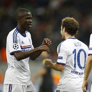 Ramires, left, celebrates after claiming his second goal of the evening (AP)