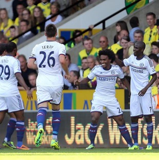 Chelsea celebrate Willian's, second right, goal