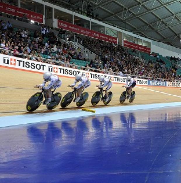 (left to right) Laura Trott, Dani King, Elinor Barker and Joanna Rowsell set a new world record in Manchester