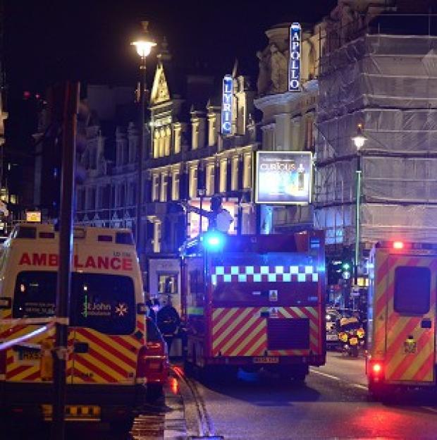Congleton Guardian: Emergency services at the scene at the Apollo Theatre in Shaftesbury Avenue, central London Congleton Guardian: Emergency services at the scene at the Apollo Theatre in Shaftesbury Avenue, central London