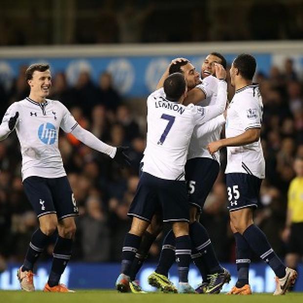 Congleton Guardian: Mousa Dembele, centre, celebrates scoring the second goal Congleton Guardian: Mousa Dembele, centre, celebrates scoring the second goal