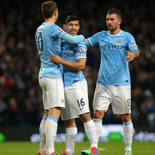 Congleton Guardian: Sergio Aguero, centre, celebrates his return to fitness with a goal Congleton Guardian: Sergio Aguero, centre, celebrates his return to fitness with a goal