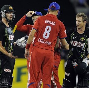 Congleton Guardian: Stuart Broad, centre, congratulates George Bailey and Cameron White after Australia clinched the T20 series (AP) Congleton Guardian: Stuart Broad, centre, congratulates George Bailey and Cameron White after Australia clinched the T20 series (AP)