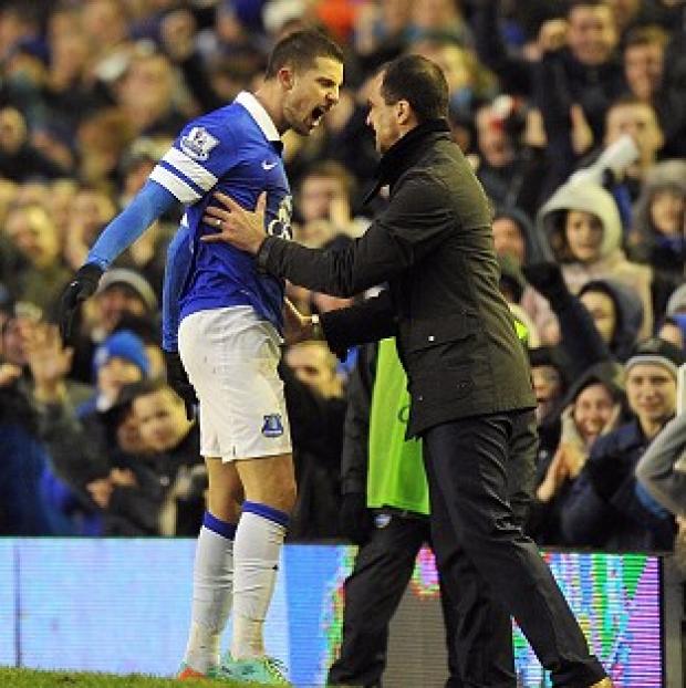 Congleton Guardian: Kevin Mirallas, left, celebrates scoring the winner with Roberto Martinez Congleton Guardian: Kevin Mirallas, left, celebrates scoring the winner with Roberto Martinez