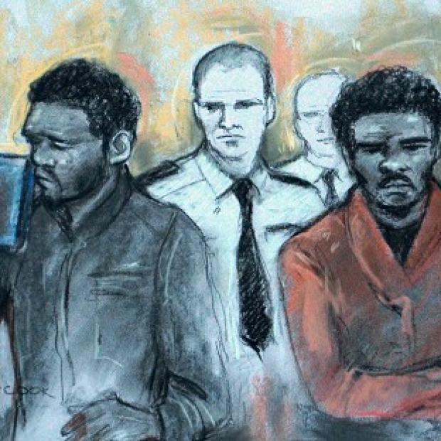 Congleton Guardian: Court artist sketch by Elizabeth Cook of Michael Adebowale and Michael Adebolajo as they were found guilty of the murder of Fusilier Lee Rigby. Congleton Guardian: Court artist sketch by Elizabeth Cook of Michael Adebowale and Michael Adebolajo as they were found guilty of the murder of Fusilier Lee Rigby.