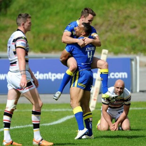 Congleton Guardian: Ryan Atkins celebrates with Richie Myler after scoring a try Congleton Guardian: Ryan Atkins celebrates with Richie Myler after scoring a try